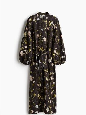 H&M Linen-Blend Tie-Belt Dark Floral Long Sleeve Maxi Dress XXS NWT